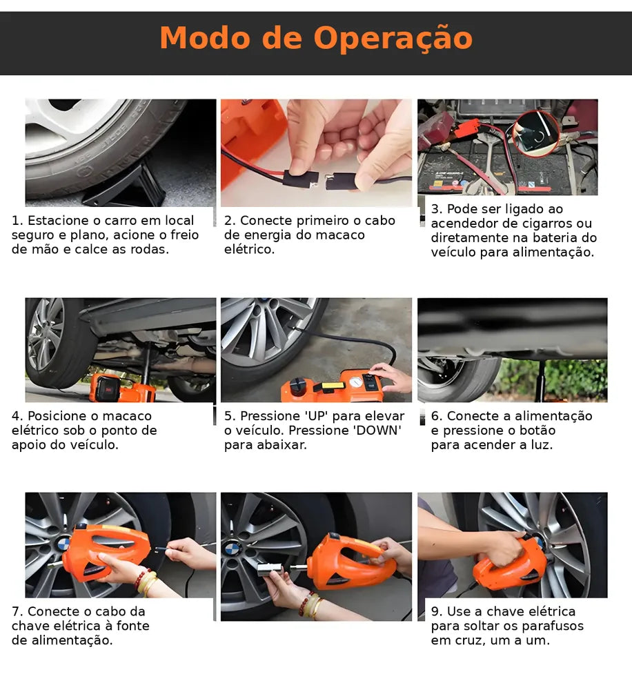 Kit Macaco Elétrico 4 em 1 — Compressor de Ar, Chave de Impacto 480 N.m, Lanterna LED e Macaco Hidráulico 5 Toneladas + Par de Luvas + Martelo de Segurança